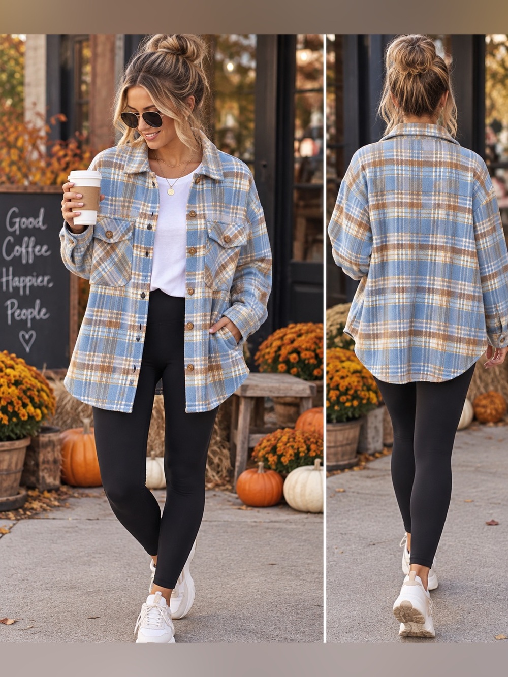 TIMING Plaid Shacket Jacket Blue Tan Oversized Button Front Size L